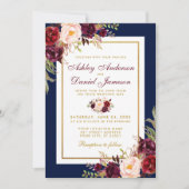 Burgundy Floral Blue Gold Wedding Invitation Kaart (Voorkant)