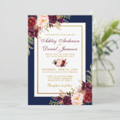 Burgundy Floral Blue Gold Wedding Invitation Kaart (Staand voorkant)