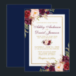 Burgundy Floral Blue Gold Wedding Invitation Kaart<br><div class="desc">Elegant Gold Burgundy Marsala Waterverf Floral and Blue Wedding Invitation - Burgundy and Gold Script</div>