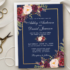 Burgundy Floral Blue Gold Wedding Invitation WB Kaart