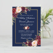 Burgundy Floral Blue Gold Wedding Invitation WB Kaart (Staand voorkant)