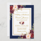 Burgundy Floral Blue Gold Wedding Invite Kaart (Voorkant)