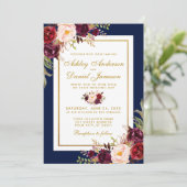 Burgundy Floral Blue Gold Wedding Invite Kaart (Staand voorkant)