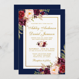 Burgundy Floral Blue Gold Wedding Invite Kaart