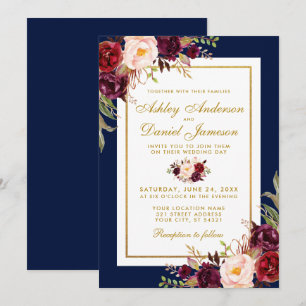 Burgundy Floral Blue Gold Wedding Invite Kaart