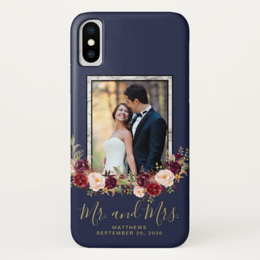 Burgundy Floral Blue Mr. en Mrs Wedding Photo Case-Mate iPhone Case (Achterkant)