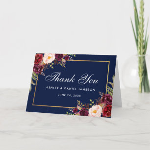 Burgundy Floral Blue Wedding Bedankt Vette Kaart