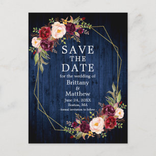 Burgundy Floral Blue Wood Geo Lijst Save the Date Briefkaart
