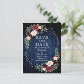 Burgundy Floral Blue Wood Geo Lijst Save the Date Briefkaart (Staand voorkant)