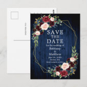 Burgundy Floral Blue Wood Geo Lijst Save the Date Briefkaart (Voorkant / Achterkant)