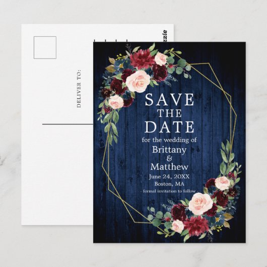 Burgundy Floral Blue Wood Geo Lijst Save the Date Briefkaart (Voorkant / Achterkant)