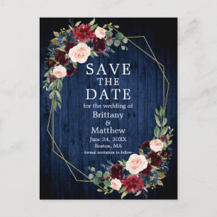 Burgundy Floral Blue Wood Geo Lijst Save the Date Briefkaart