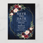 Burgundy Floral Blue Wood Geo Lijst Save the Date Briefkaart (Voorkant)