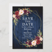 Burgundy Floral Blue Wood Gold Geo Lijst Save The Date (Voorkant)