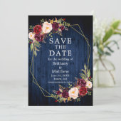 Burgundy Floral Blue Wood Gold Geo Lijst Save The Date (Staand voorkant)