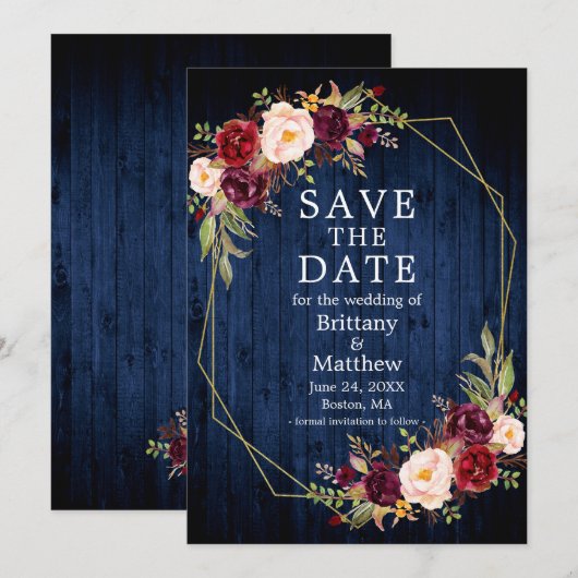 Burgundy Floral Blue Wood Gold Geo Lijst Save The Date (Voorkant / Achterkant)