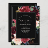 Burgundy Floral Blush Black Elegant Script Weduwen Kaart (Voorkant / Achterkant)