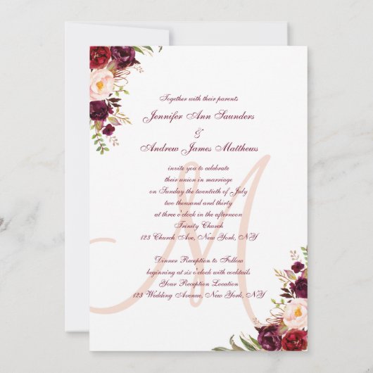 Burgundy Floral Blush Monogram Elegant Wedding Kaart (Achterkant)