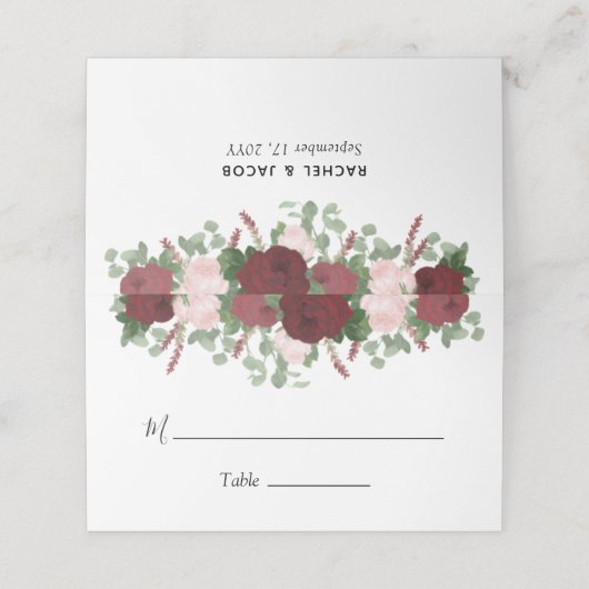 Burgundy Floral Blush Pink Roses Wedding Plaatskaartje (Buitenkant ongevouwen)