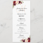 Burgundy Floral Blush Script Monogram Weddenschap Menu (Voorkant)