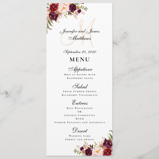 Burgundy Floral Blush Script Monogram Weddenschap Menu (Voorkant)