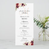 Burgundy Floral Blush Script Monogram Weddenschap Menu (Staand voorkant)