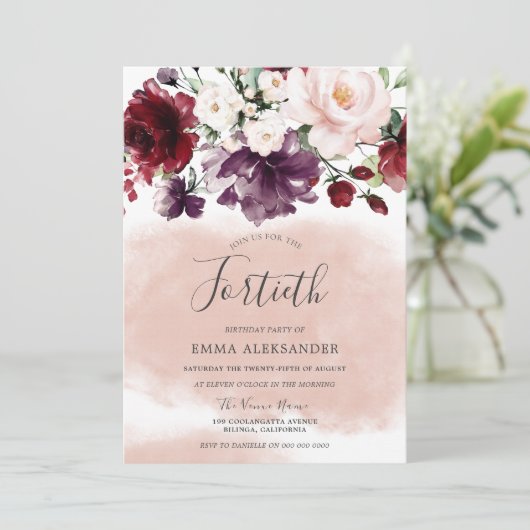 Burgundy Floral Blush Waterverf 40th Birthday Kaart (Staand voorkant)