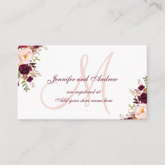 Burgundy Floral Blush Wedding Registration Informatiekaartje (Voorkant)