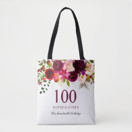 Burgundy Floral Boho 100th Birthday Party Tote Bag