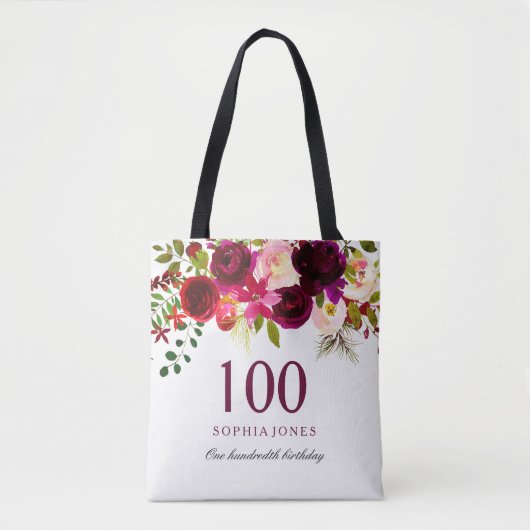 Burgundy Floral Boho 100th Birthday Party Tote Bag (Voorkant)
