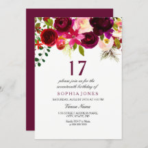 Burgundy Floral Boho 17th Birthday Party Invite