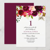 Burgundy Floral Boho 1e verjaardag van de uitnodig