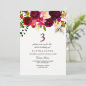 Burgundy Floral Boho 3rd Birthday Party Invite Kaart (Staand voorkant)