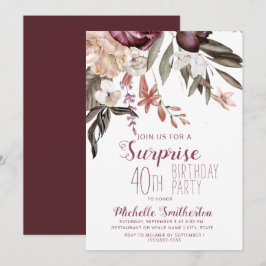 Burgundy Floral Boho  40e verjaardag Kaart