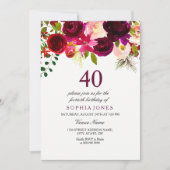 Burgundy Floral Boho 40th Birthday Party Invite Kaart (Voorkant)