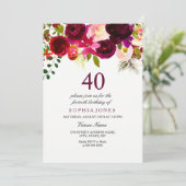 Burgundy Floral Boho 40th Birthday Party Invite Kaart (Staand voorkant)
