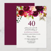 Burgundy Floral Boho 40th Birthday Party Invite Kaart (Voorkant / Achterkant)