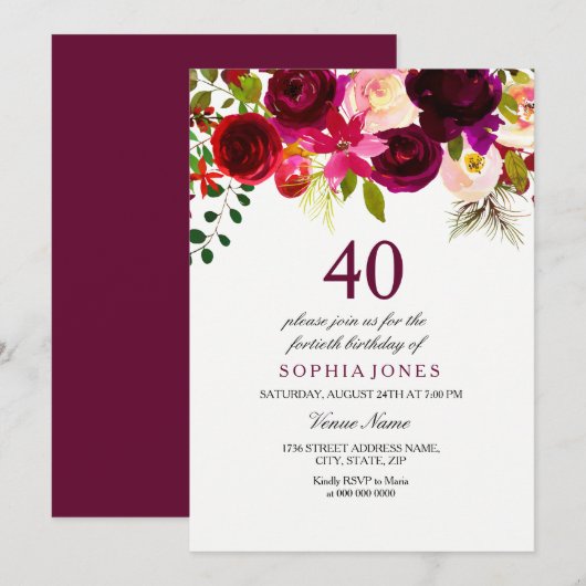 Burgundy Floral Boho 40th Birthday Party Invite Kaart (Voorkant / Achterkant)
