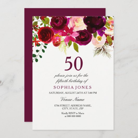 Burgundy Floral Boho 50th Birthday Party Invite Kaart (Voorkant / Achterkant)