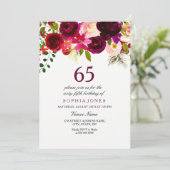 Burgundy Floral Boho 65th Birthday Party Invite Kaart (Staand voorkant)