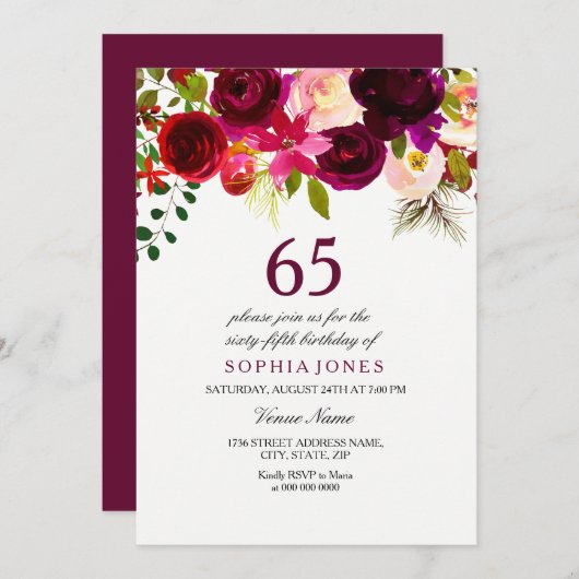 Burgundy Floral Boho 65th Birthday Party Invite Kaart (Voorkant / Achterkant)
