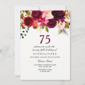 Burgundy Floral Boho 75th Birthday Party Invite Kaart (Voorkant)