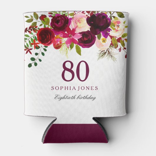 Burgundy Floral Boho 80th Birthday Party Blikjeskoeler (Voorkant)