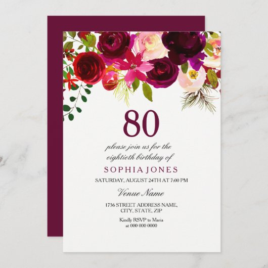 Burgundy Floral Boho 80th Birthday Party Invite Kaart (Voorkant / Achterkant)