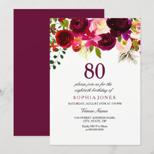Burgundy Floral Boho 80th Birthday Party Invite Kaart