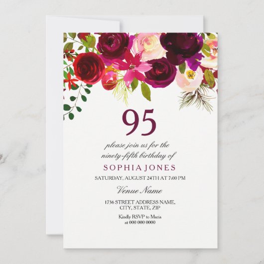 Burgundy Floral Boho 95th Birthday Party Invite Kaart (Voorkant)