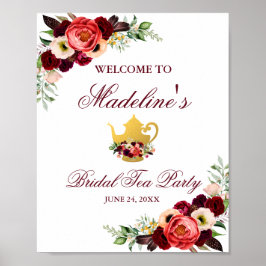 Burgundy Floral Boho Bridal Tea Welkom Poster