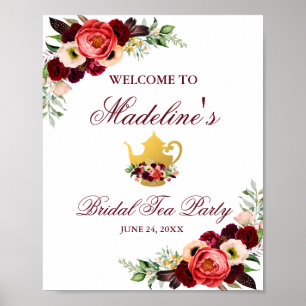 Burgundy Floral Boho Bridal Tea Welkom Poster