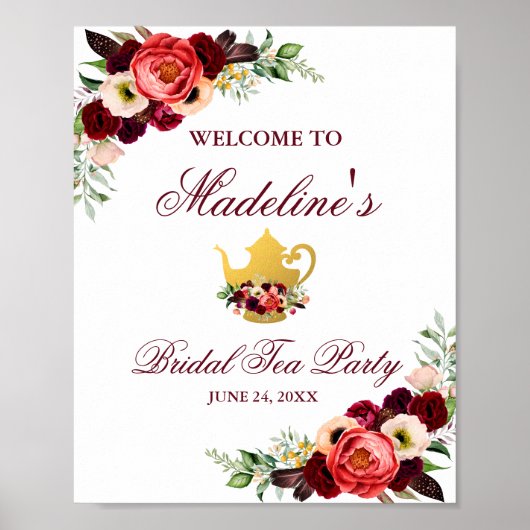 Burgundy Floral Boho Bridal Tea Welkom Poster (Voorkant)