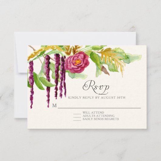 Burgundy Floral BOHO Rustic Wood RSVP-respons RSVP Kaartje (Voorkant)